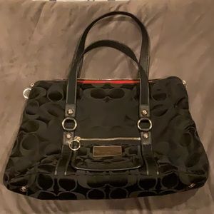 Vintage Coach Poppy Black Signature Canvas Logo Glam Tote Bag Red Lining